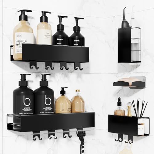 10 Pieces No Drill Bathroom Shelf, Adhesive Bathroom Organizer, Organizer Shelf, Bathroom Shelves with Hooks, Anti-Rust Stainless Steel, Indoor Shower Kitchen Storage