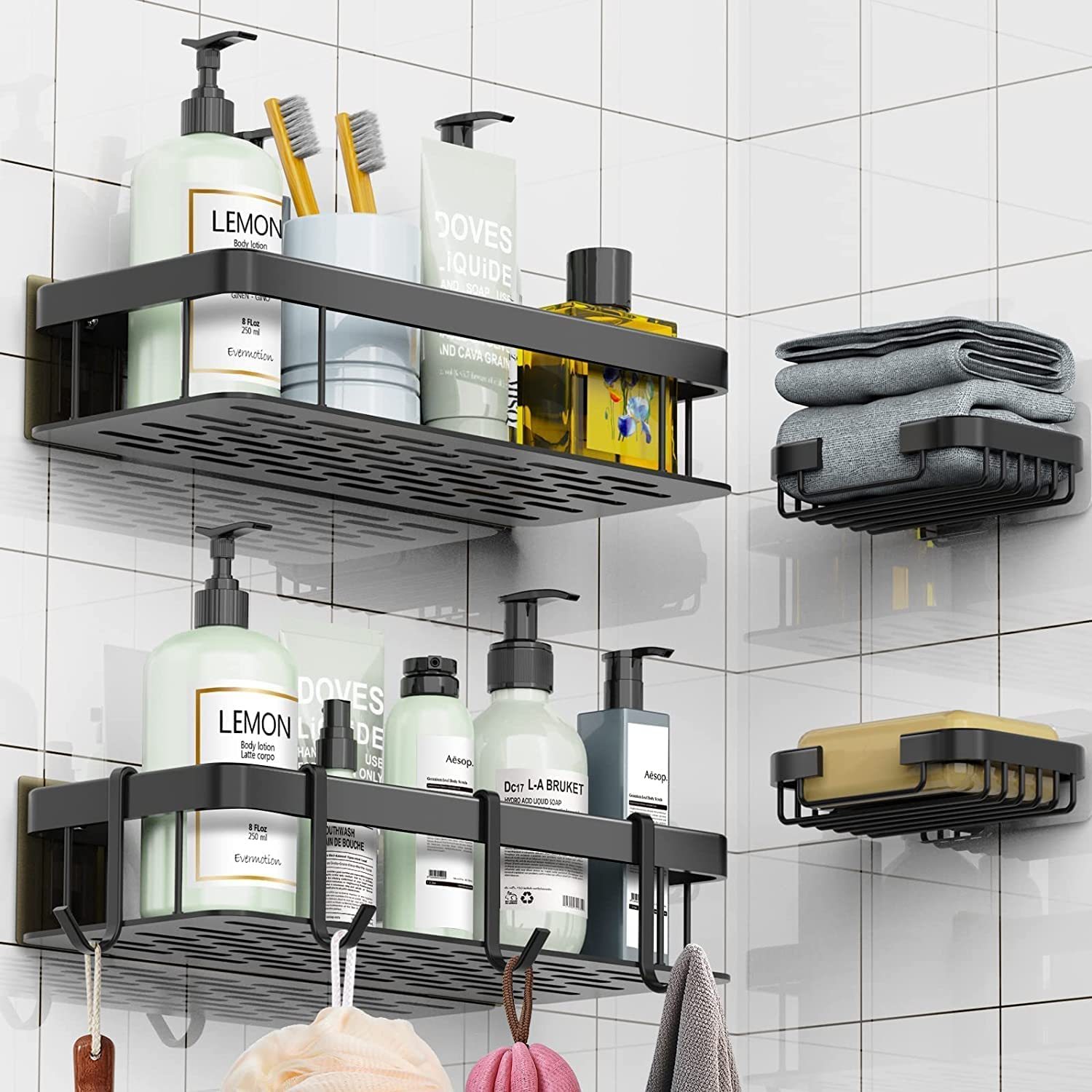 10 Pieces No Drill Bathroom Shelf, Adhesive Bathroom Organizer, Organizer Shelf, Bathroom Shelves with Hooks, Anti-Rust Stainless Steel, Indoor Shower Kitchen Storage