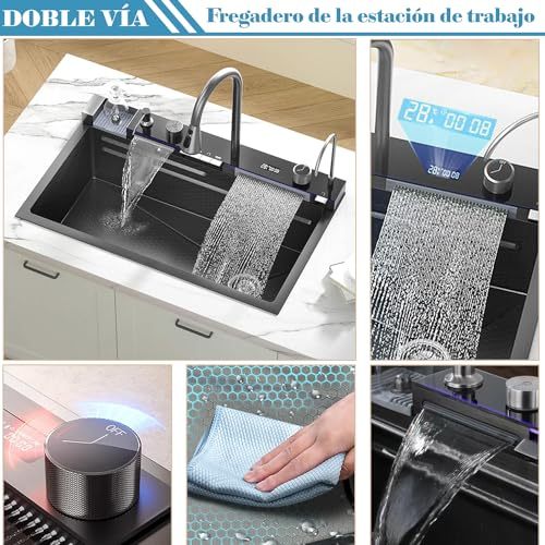 Kitchen Sink with Smart Digital Display, Double Waterfall and 13 Accessories, 75 * 46 * 22cm, 304 Stainless Steel Kitchen Sinks, Black Kitchen Sink, Upgraded Version.