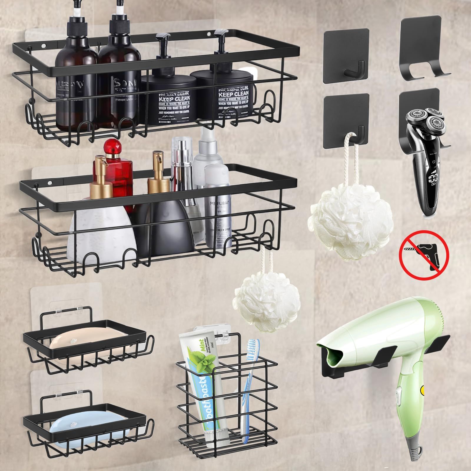 10 Pieces No Drill Bathroom Shelf, Adhesive Bathroom Organizer, Organizer Shelf, Bathroom Shelves with Hooks, Anti-Rust Stainless Steel, Indoor Shower Kitchen Storage
