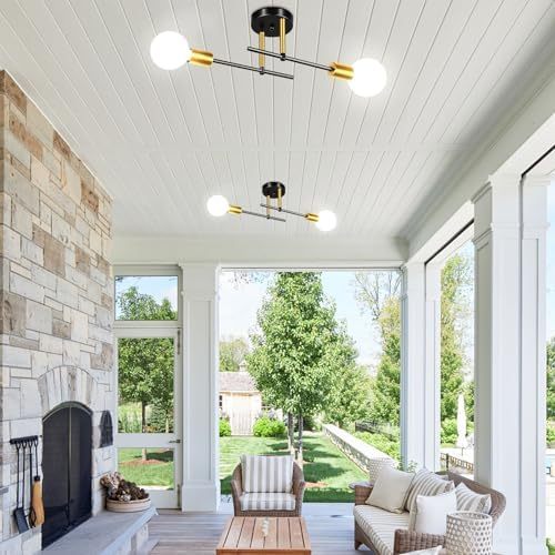 Dopwii Modern Ceiling Light, Sputnik Candeliers 2 Lights, Semi Flush Mount Pendant Light, Ceiling Light for Home Lamp, Dining Room, Bedroom and Kitchen (Black Gold)