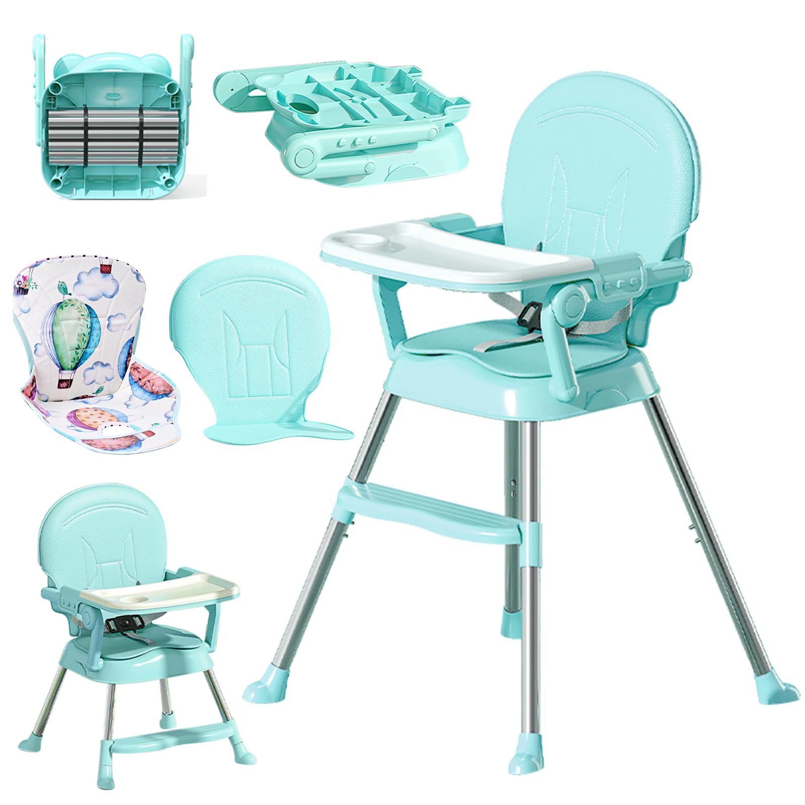 Baby Eating Chair 3 in 1 Portable, Foldable, Baby Stroller, with Detachable Tray and 2 PU Seat Cushions, with Eating Tray, Easy to Carry, Easy to Clean…