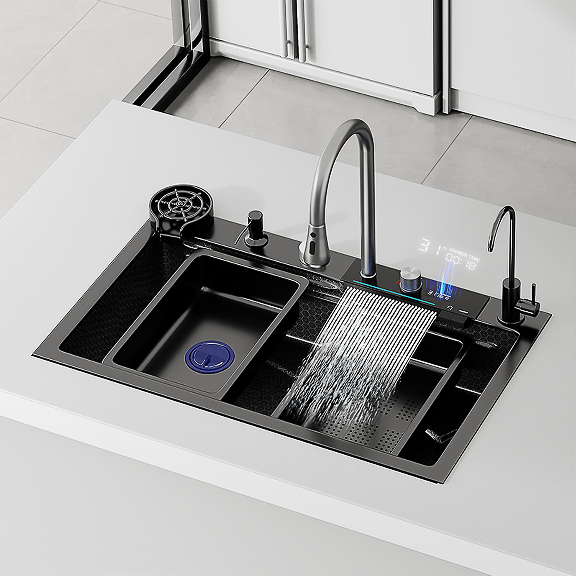 Kitchen Sink with Smart Digital Display, Double Waterfall and 13 Accessories, 75 * 46 * 22cm, 304 Stainless Steel Kitchen Sinks, Black Kitchen Sink, Upgraded Version.