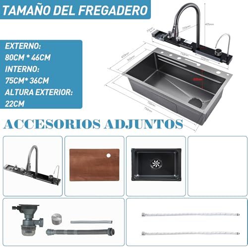 Kitchen Sink with Smart Digital Display, Double Waterfall and 13 Accessories, 75 * 46 * 22cm, 304 Stainless Steel Kitchen Sinks, Black Kitchen Sink, Upgraded Version.