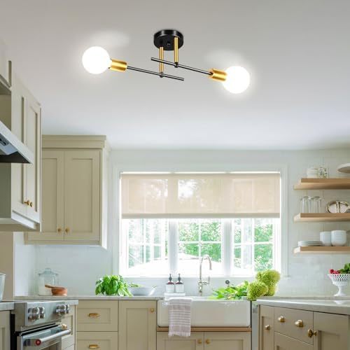 Dopwii Modern Ceiling Light, Sputnik Candeliers 2 Lights, Semi Flush Mount Pendant Light, Ceiling Light for Home Lamp, Dining Room, Bedroom and Kitchen (Black Gold)