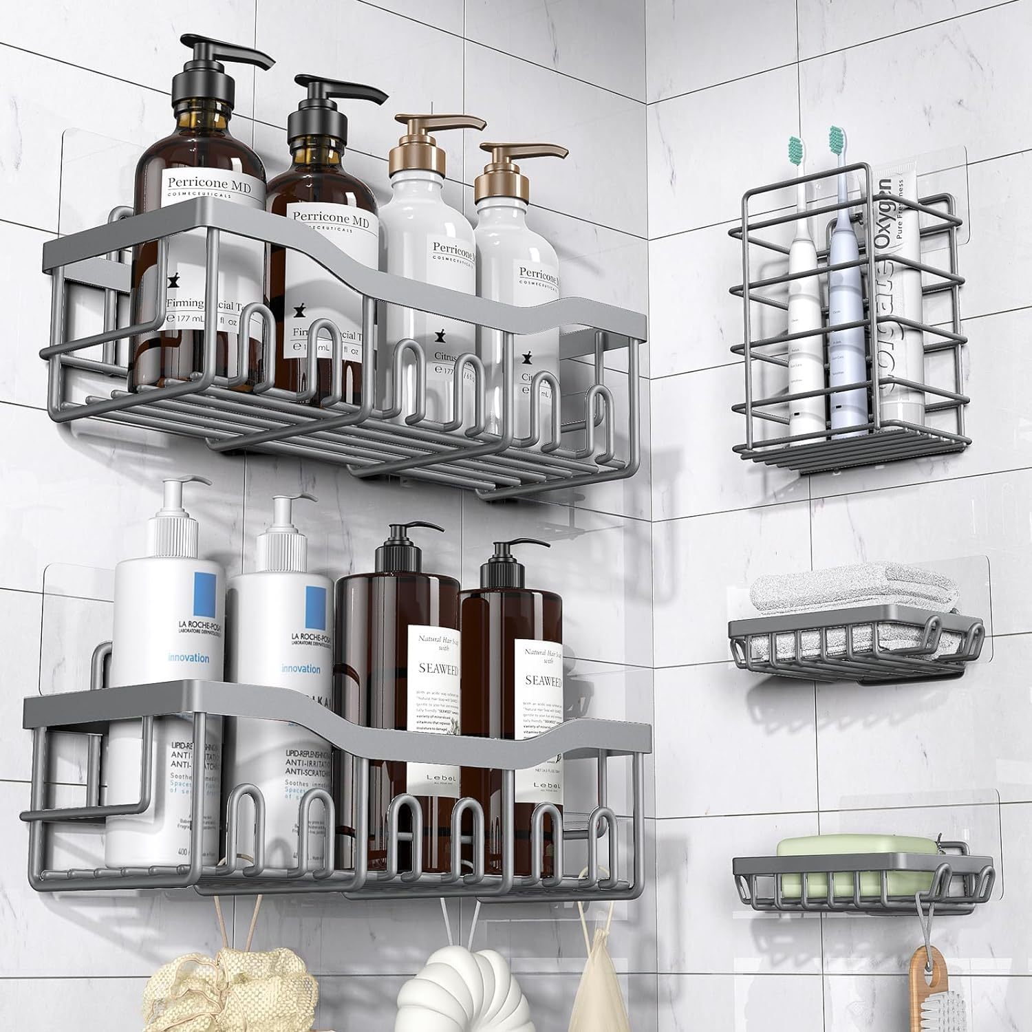 10 Pieces No Drill Bathroom Shelf, Adhesive Bathroom Organizer, Organizer Shelf, Bathroom Shelves with Hooks, Anti-Rust Stainless Steel, Indoor Shower Kitchen Storage