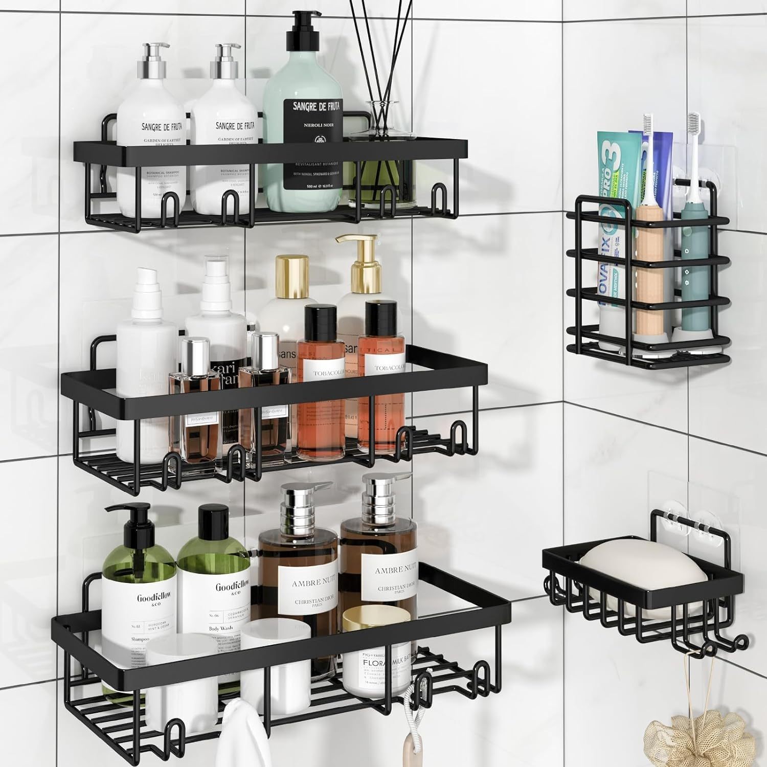 10 Pieces No Drill Bathroom Shelf, Adhesive Bathroom Organizer, Organizer Shelf, Bathroom Shelves with Hooks, Anti-Rust Stainless Steel, Indoor Shower Kitchen Storage