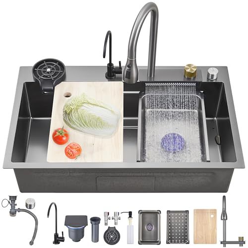 Kitchen Sink with Smart Digital Display, Double Waterfall and 13 Accessories, 75 * 46 * 22cm, 304 Stainless Steel Kitchen Sinks, Black Kitchen Sink, Upgraded Version.