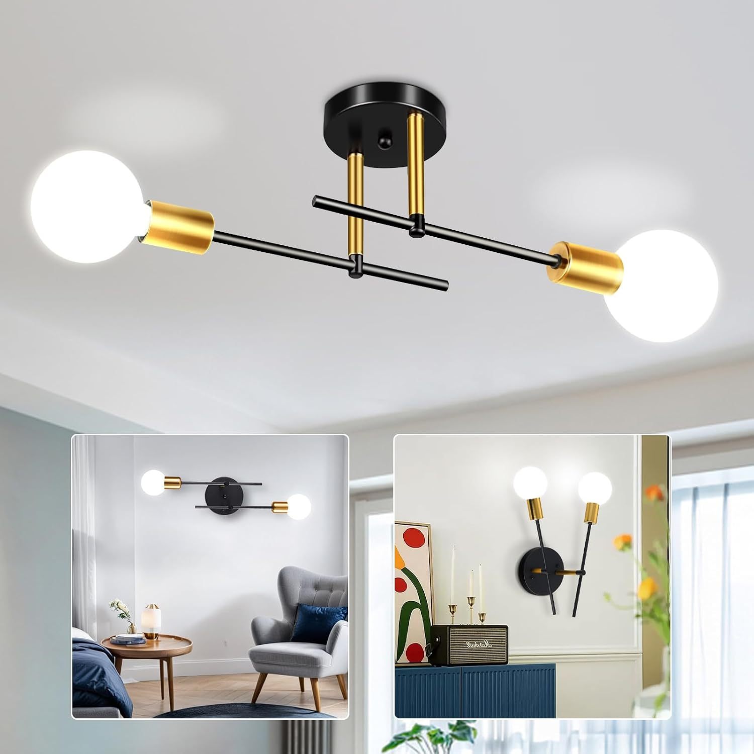 Dopwii Modern Ceiling Light, Sputnik Candeliers 2 Lights, Semi Flush Mount Pendant Light, Ceiling Light for Home Lamp, Dining Room, Bedroom and Kitchen (Black Gold)