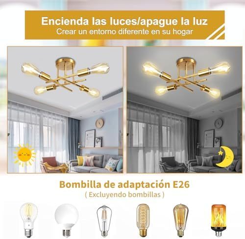 Dopwii Modern Ceiling Light, Sputnik Candeliers 4 Lights, Semi Flush Mount Pendant Light, Ceiling Light for Home Lamp, Dining Room, Bedroom and Kitchen (Gold)