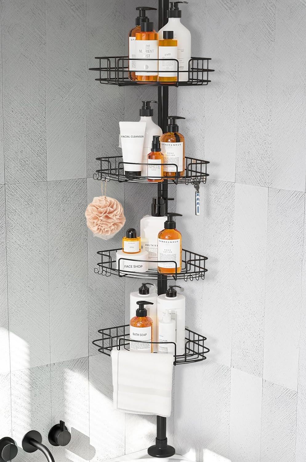 10 Pieces No Drill Bathroom Shelf, Adhesive Bathroom Organizer, Organizer Shelf, Bathroom Shelves with Hooks, Anti-Rust Stainless Steel, Indoor Shower Kitchen Storage