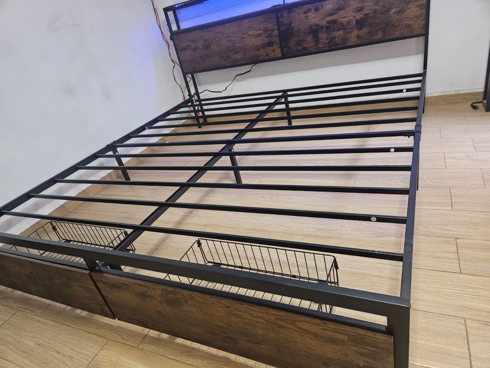 WELIKERA Bed Frame with 2 Drawers, King Bed Headboard Base with Led Lights, Bed Base with Headboard USB Charging Station and Storage Space, King Bed Bed Frame Easy Assembly
