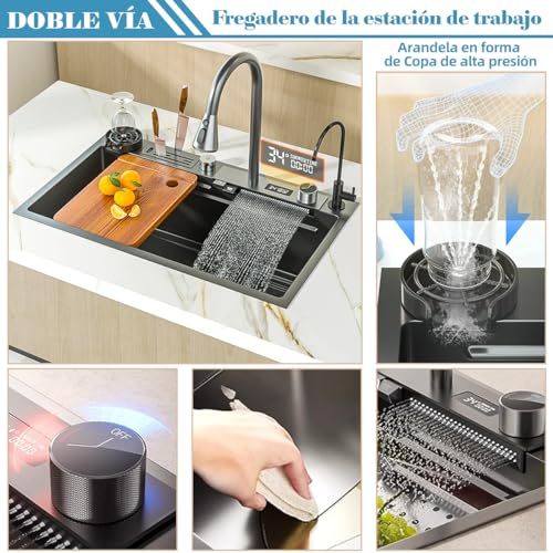 SAFONUS Kitchen Sink with Smart Digital Display, Double Waterfall and 10 Accessories, 304 Stainless Steel Kitchen Sinks, Black Kitchen Sink (80X46cm)
