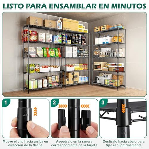 5 Tier Metal Storage Rack (90x35x150CM), Heavy Duty Organizer Shelf, Adjustable Organizer Rack, Shelf, 4 S-Hooks, 5 PP Board, Kitchen, Office, Pantry, Microwave