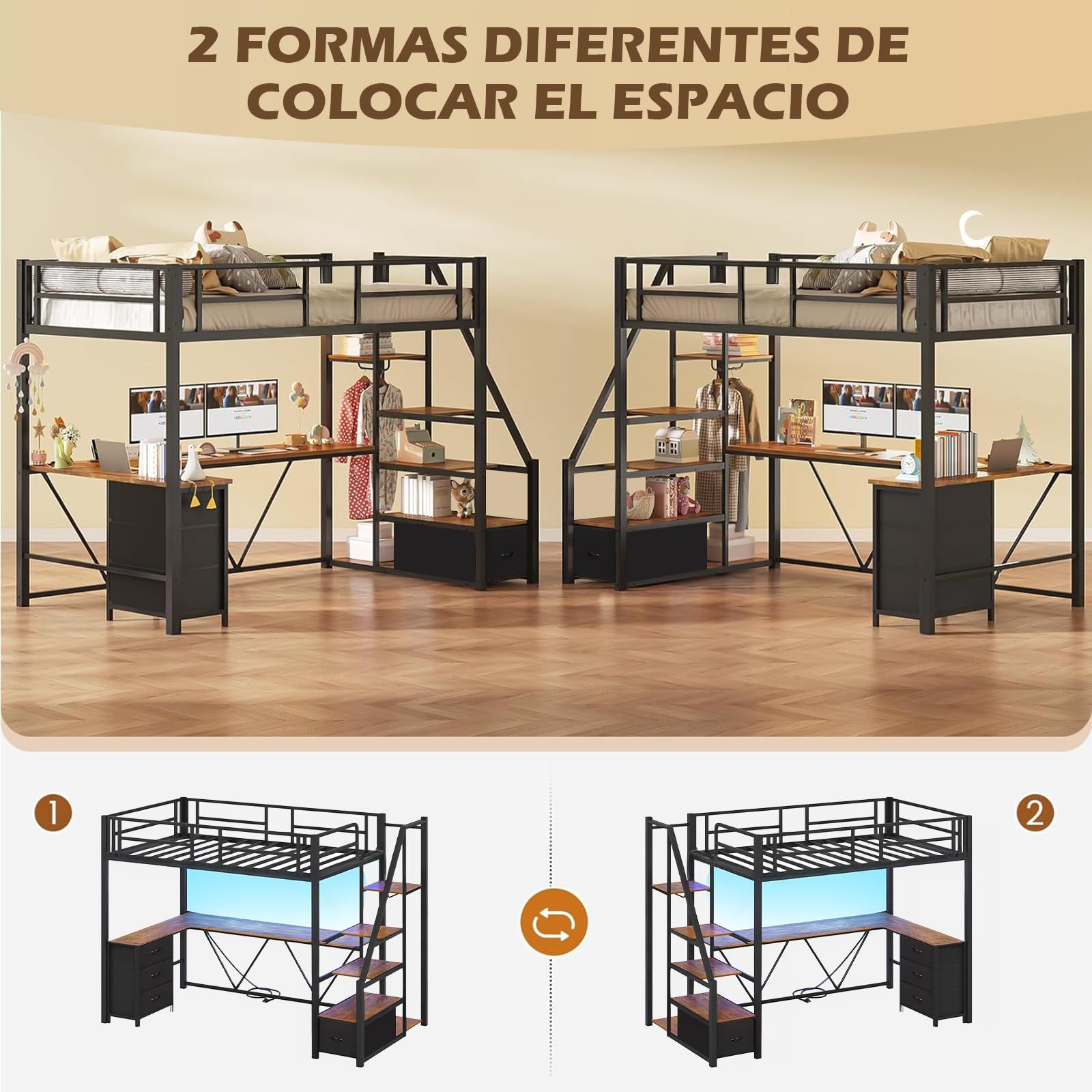 FURRIFIC Bunk Bed with L-Desk and Wardrobe, Metal Loft Bed with Ladder with Drawers, LED and USB Ports, for Teens or Small Spaces (Queen)