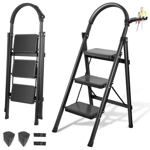 DASHLINE Folding 3-Step Step Ladder, with Non-Slip Stool and Tool Holder, 150 KG Capacity, Black, Ideal for House, Kitchen, Home and Office