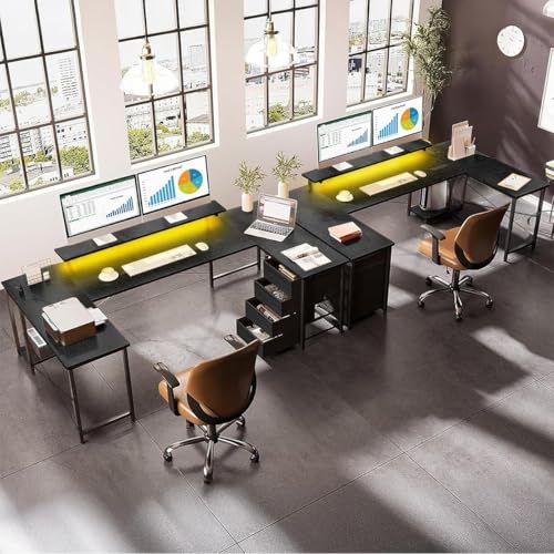 FURRIFIC 【Width 167cm】 Large Computer Desk with Power Strip and RGB LED Lights, Office and Gamer Desk in U/L, Gamer Table with Adjustable Monitor Stand, Black (167 x 100 x 75 cm)