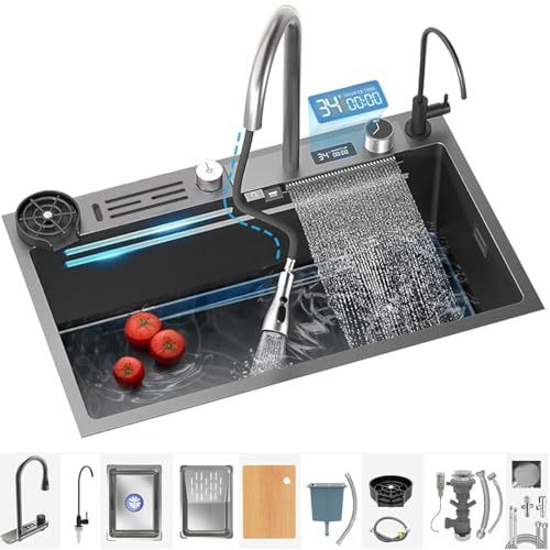 SAFONUS Kitchen Sink with Smart Digital Display, Double Waterfall and 10 Accessories, 304 Stainless Steel Kitchen Sinks, Black Kitchen Sink (80X46cm)