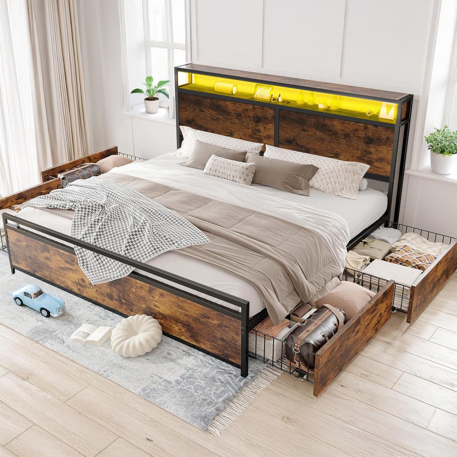 Bed Frame with 4 Drawers, Double Bed Base Headboard with Led Lights, Bed Base with Headboard USB Charging Station and Storage Space, Double Bed Bed Frame Easy Assembly