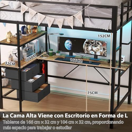 Single Loft Bunk Bed with L-Desk and USB Charging, Loft Bed with RGB LED Lights, 3 Shelves and 3 Fabric Drawers, Sturdy Metal Frame, Bunk Bed with Storage for Kids and Teens