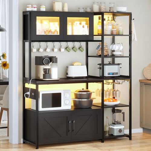 LOKOOY Kitchen Cabinets, Kitchen Shelf with Power Outlet and LED Light, Microwave Cabinet with Storage Space with 8 Hooks, Display Case, Cup Holder, 171×115cm Coffee Bar Furniture