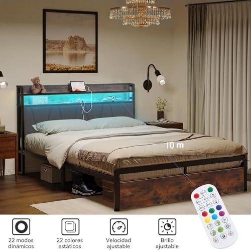 QYIKLPY Double Bed Base and Storage Headboard with Led Lights, 2 AC Outlets and 2 USB, with Two Removable Drawers and Headboard, Upholstered Platform, Non-Slip, No Noise (Double/Full)