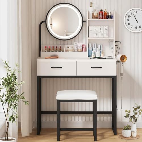 LINGLUCKY Makeup Dressing Table with LED Light Mirror, with Charging Station, Upholstered Stool, Large 2 Drawer Vanity Dressing Table, Minimalist Makeup Furniture, Modern and Luxury Dressing Table, White