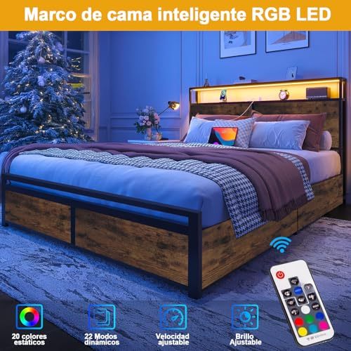 Bed Frame with 4 Drawers, Double Bed Base Headboard with Led Lights, Bed Base with Headboard USB Charging Station and Storage Space, Double Bed Bed Frame Easy Assembly