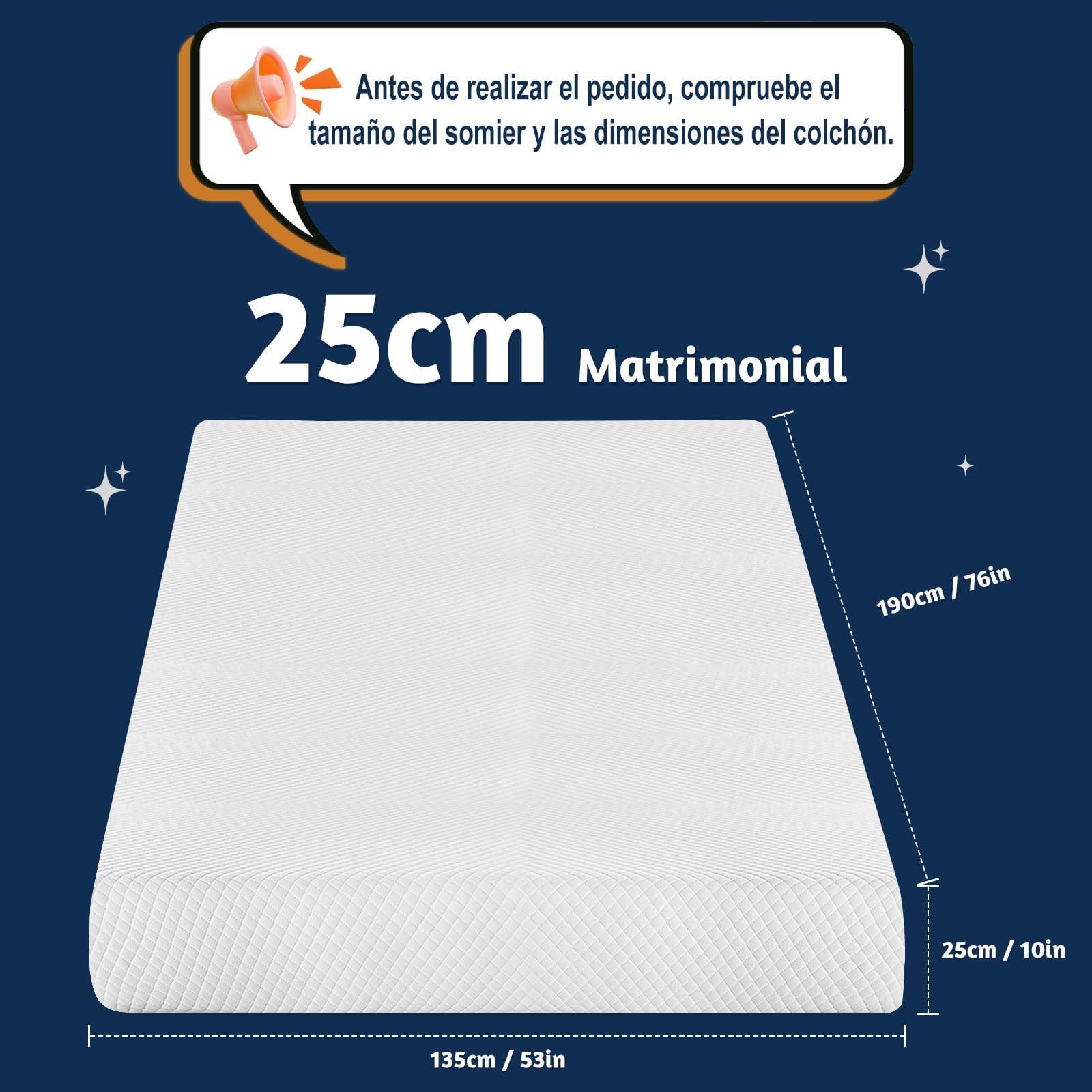 LOKOOY Memory Foam Double Mattress, Double Mattresses with Cooling Gel, Medium Firm Double Mattress in Box, Pressure Relief, Without Fiberglass, 135x190 cm (25CM)