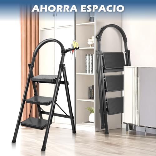 DASHLINE Folding 3-Step Step Ladder, with Non-Slip Stool and Tool Holder, 150 KG Capacity, Black, Ideal for House, Kitchen, Home and Office