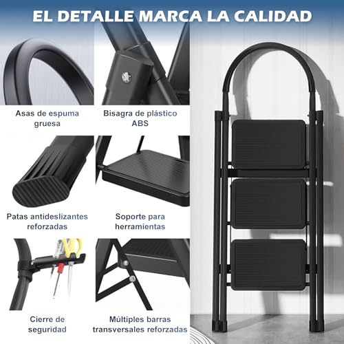 DASHLINE Folding 3-Step Step Ladder, with Non-Slip Stool and Tool Holder, 150 KG Capacity, Black, Ideal for House, Kitchen, Home and Office