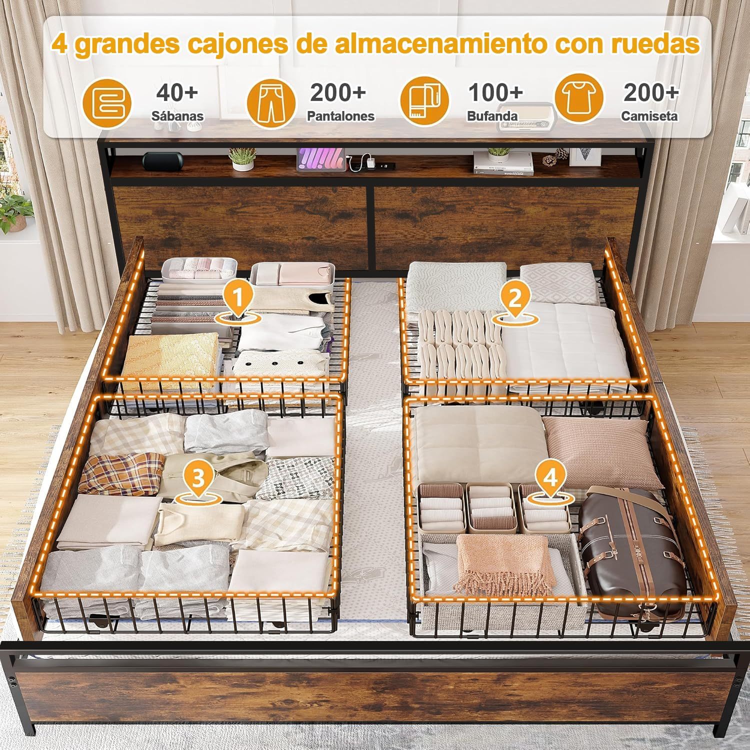 Bed Frame with 4 Drawers, Double Bed Base Headboard with Led Lights, Bed Base with Headboard USB Charging Station and Storage Space, Double Bed Bed Frame Easy Assembly