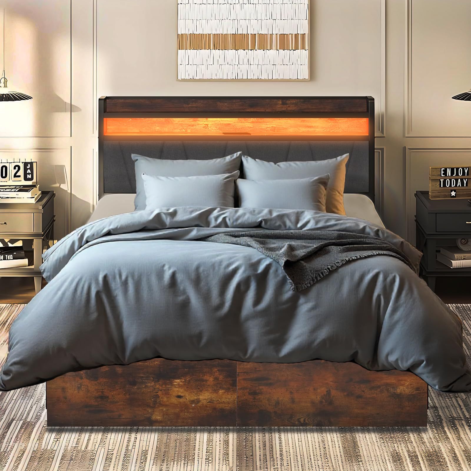 QYIKLPY Double Bed Base and Storage Headboard with Led Lights, 2 AC Outlets and 2 USB, with Two Removable Drawers and Headboard, Upholstered Platform, Non-Slip, No Noise (Double/Full)