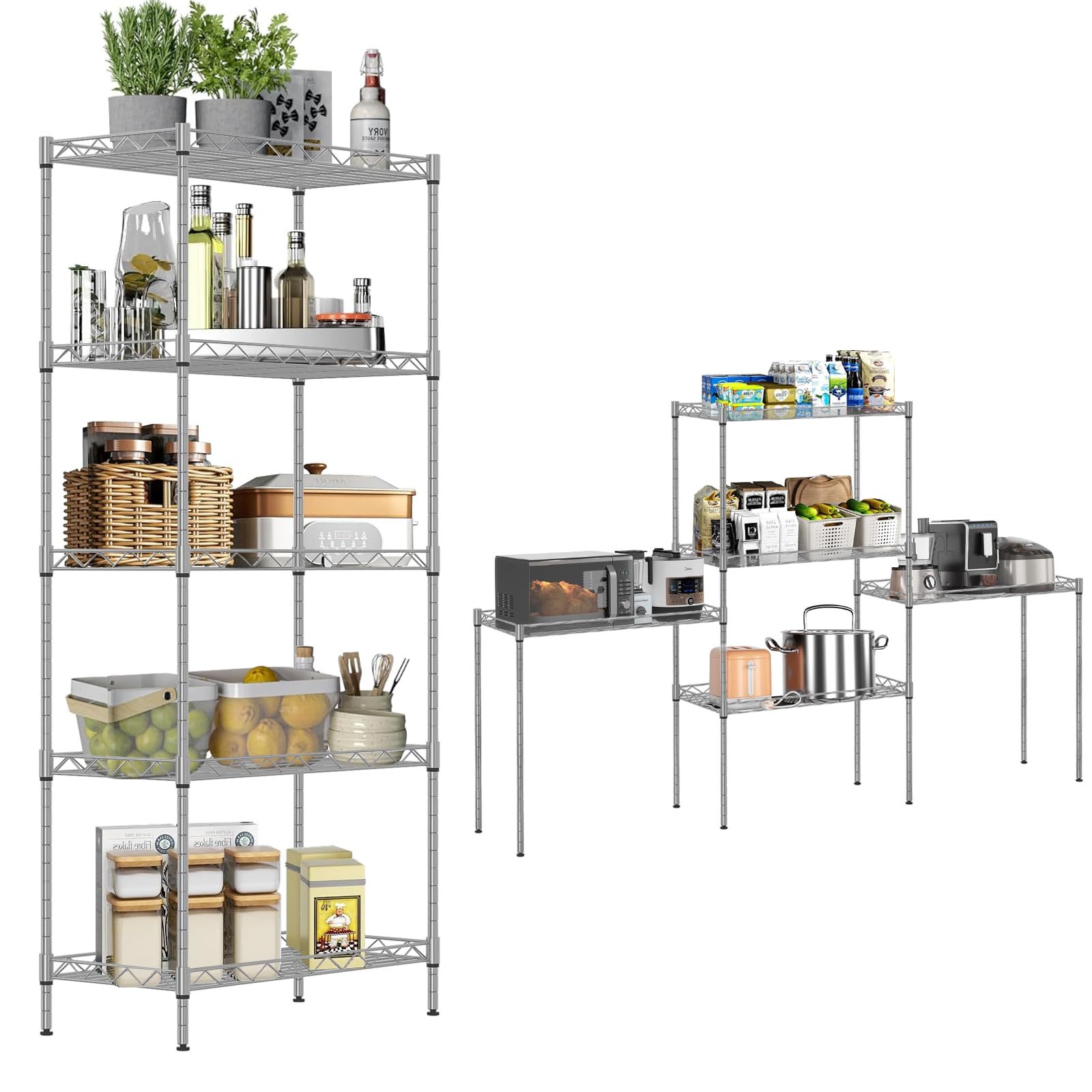 5 Tier Metal Storage Rack (90x35x150CM), Heavy Duty Organizer Shelf, Adjustable Organizer Rack, Shelf, 4 S-Hooks, 5 PP Board, Kitchen, Office, Pantry, Microwave