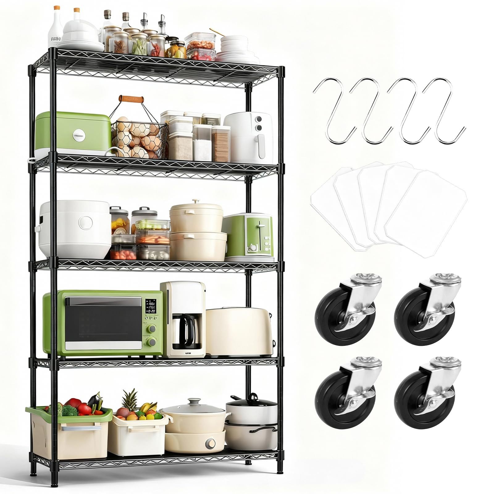 5 Tier Metal Storage Rack (90x35x150CM), Heavy Duty Organizer Shelf, Adjustable Organizer Rack, Shelf, 4 S-Hooks, 5 PP Board, Kitchen, Office, Pantry, Microwave