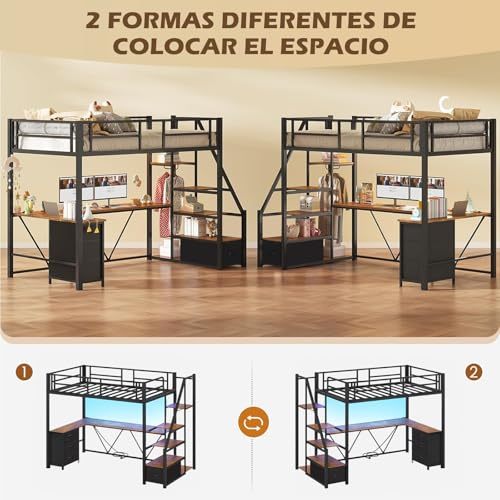 FURRIFIC Bunk Bed with L-Desk and Wardrobe, Metal Loft Bed with Ladder with Drawers, LED and USB Ports, for Teens or Small Spaces (Queen)