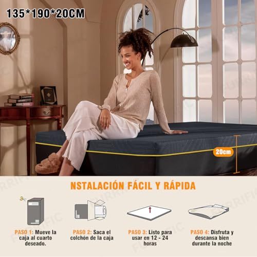 LOKOOY 20cm Memory Foam Double Mattress, Back Pain Mattress, Cooling Copper Gel Bed in a Box, Therapeutic Medium Firmness, Ergonomic Support, 135x190cm, Black