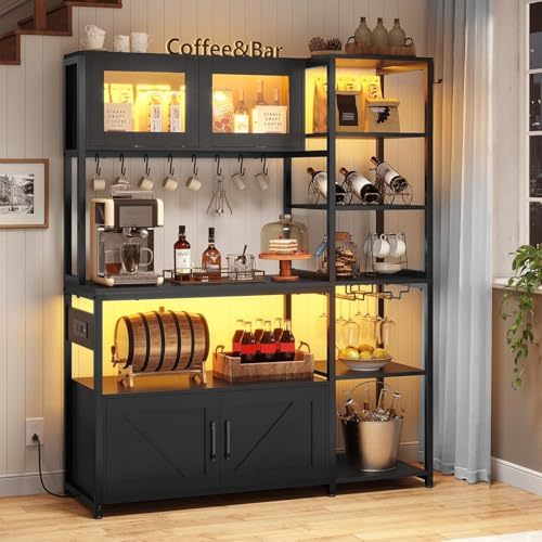 LOKOOY Kitchen Cabinets, Kitchen Shelf with Power Outlet and LED Light, Microwave Cabinet with Storage Space with 8 Hooks, Display Case, Cup Holder, 171×115cm Coffee Bar Furniture