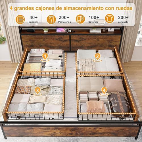 Bed Frame with 4 Drawers, Double Bed Base Headboard with Led Lights, Bed Base with Headboard USB Charging Station and Storage Space, Double Bed Bed Frame Easy Assembly