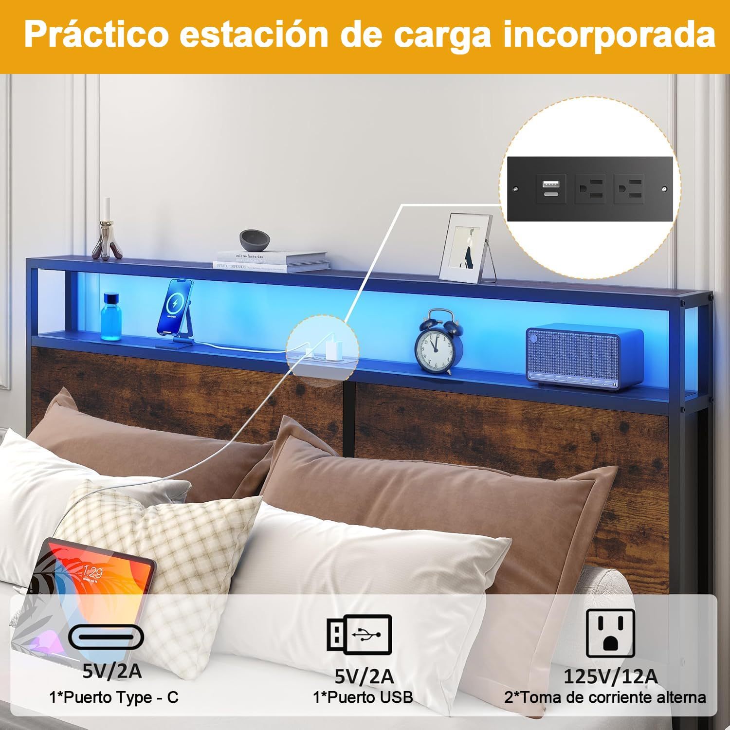 Bed Frame with 4 Drawers, Double Bed Base Headboard with Led Lights, Bed Base with Headboard USB Charging Station and Storage Space, Double Bed Bed Frame Easy Assembly