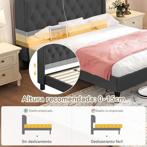 QYIKLPY Double Bed Base with Storage Headboard, Upholstered Bed Base with Charging Station (USB/Type-C), Thickened and Wear-Resistant Fabric, Adjustable Height, 0-35cm Mattress