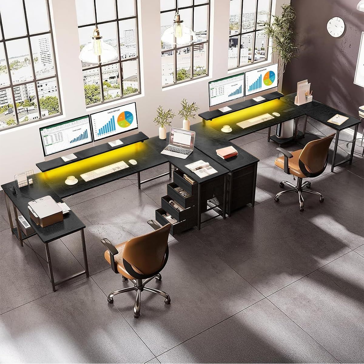 FURRIFIC 【Width 167cm】 Large Computer Desk with Power Strip and RGB LED Lights, Office and Gamer Desk in U/L, Gamer Table with Adjustable Monitor Stand, Black (167 x 100 x 75 cm)
