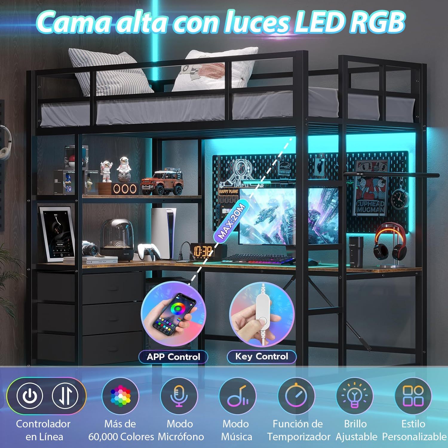 Single Loft Bunk Bed with L-Desk and USB Charging, Loft Bed with RGB LED Lights, 3 Shelves and 3 Fabric Drawers, Sturdy Metal Frame, Bunk Bed with Storage for Kids and Teens