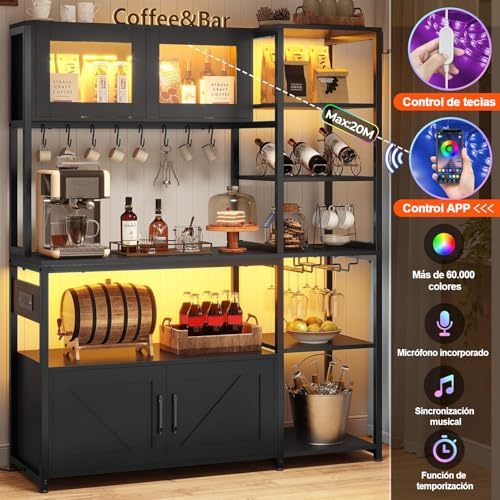 LOKOOY Kitchen Cabinets, Kitchen Shelf with Power Outlet and LED Light, Microwave Cabinet with Storage Space with 8 Hooks, Display Case, Cup Holder, 171×115cm Coffee Bar Furniture
