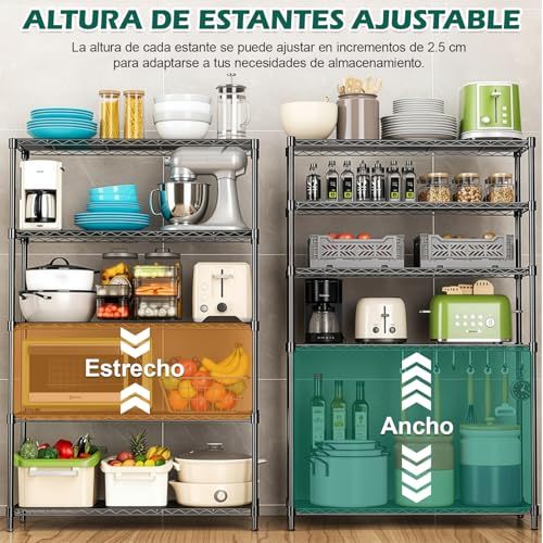 5 Tier Metal Storage Rack (90x35x150CM), Heavy Duty Organizer Shelf, Adjustable Organizer Rack, Shelf, 4 S-Hooks, 5 PP Board, Kitchen, Office, Pantry, Microwave