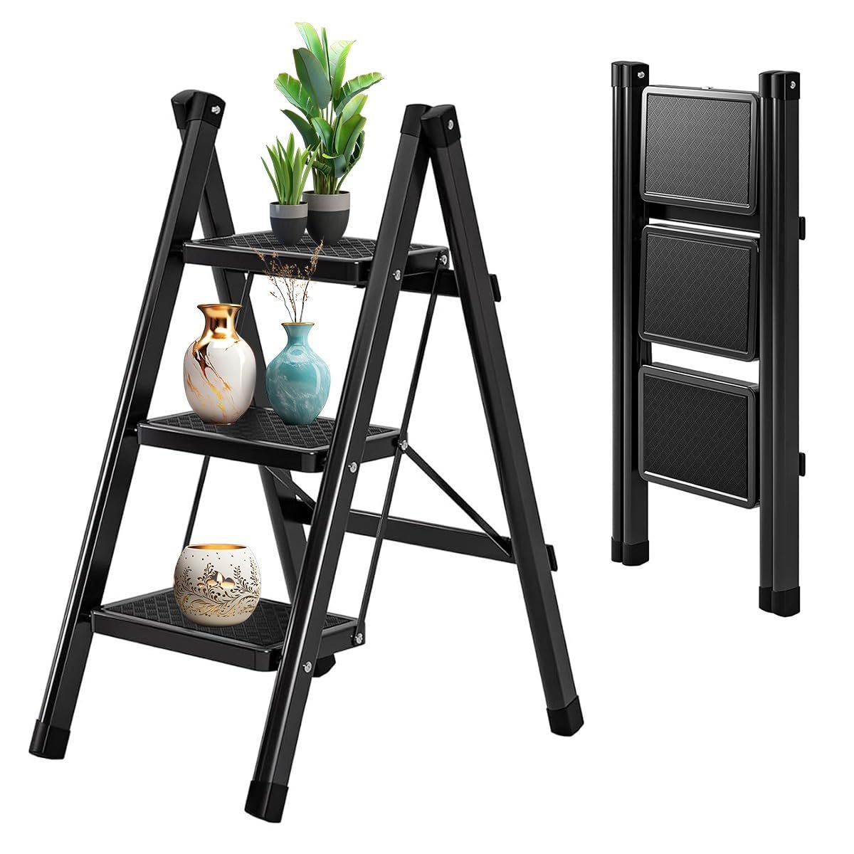 DASHLINE Folding 3-Step Step Ladder, with Non-Slip Stool and Tool Holder, 150 KG Capacity, Black, Ideal for House, Kitchen, Home and Office