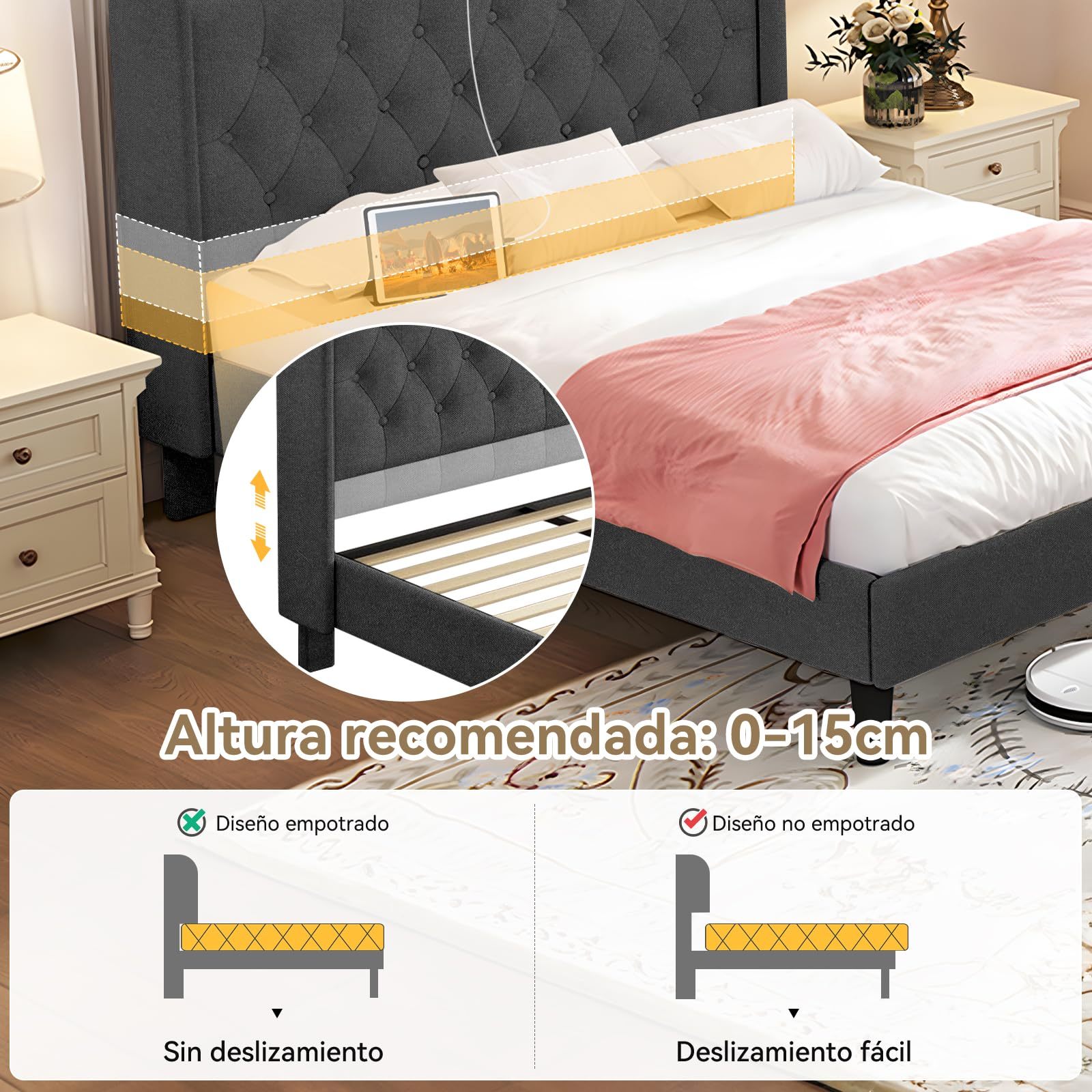 QYIKLPY Double Bed Base with Storage Headboard, Upholstered Bed Base with Charging Station (USB/Type-C), Thickened and Wear-Resistant Fabric, Adjustable Height, 0-35cm Mattress