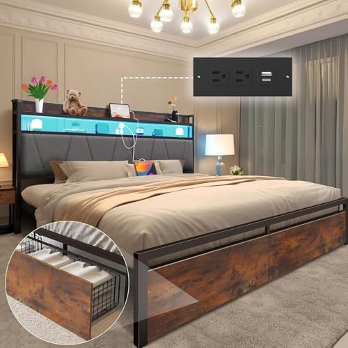 QYIKLPY Double Bed Base and Storage Headboard with Led Lights, 2 AC Outlets and 2 USB, with Two Removable Drawers and Headboard, Upholstered Platform, Non-Slip, No Noise (Double/Full)