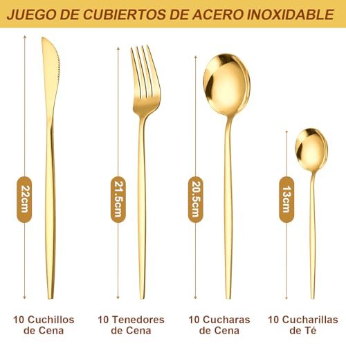 LINGLUCKY 40 Pieces 304 Stainless Steel Cutlery Set, Stainless Steel Set for 10, Includes Knives, Spoons, Kitchen Utensils, Ideal for Family Gatherings and Everyday Use(Gold)