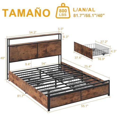 Bed Frame with 4 Drawers, Double Bed Base Headboard with Led Lights, Bed Base with Headboard USB Charging Station and Storage Space, Double Bed Bed Frame Easy Assembly